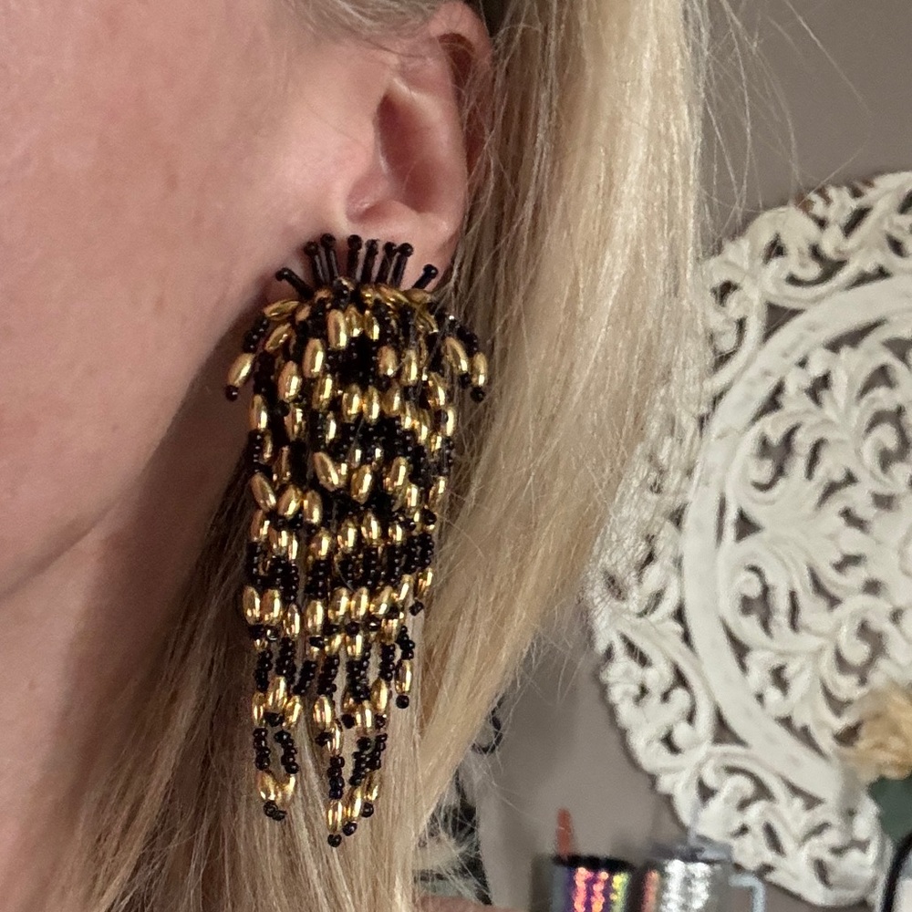 Estate Sale -Vintage Retro Gold and Black Beaded cascading Earrings set- clip